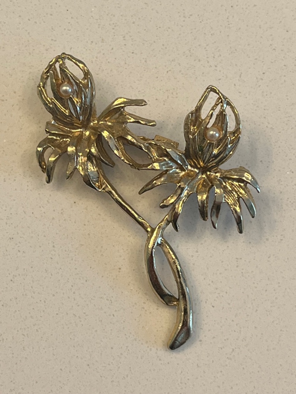Gold-tone Floral Double Flower Brooch with faux Pearl Centers